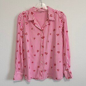 Jane+Delancey Pink/White Striped Hearts Embroidered Long Sleeve Shirt Size M.
